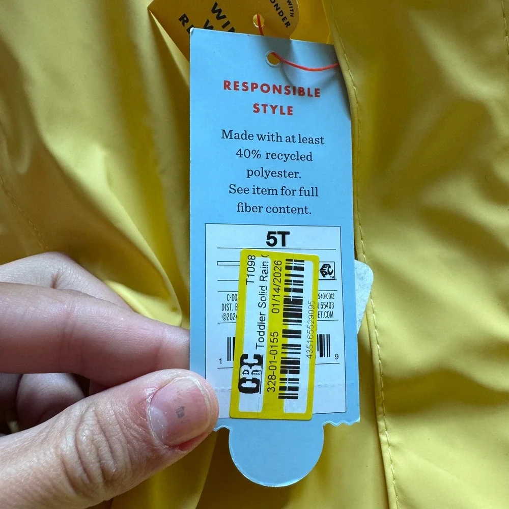 Cat & Jack Toddler Boys Yellow Hooded Raincoat Wind Water Resistant Size 3T NWT